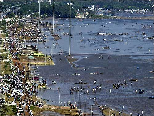 Aerial view of the scene at the Marina beach in Madras, after tidal waves hit the region.