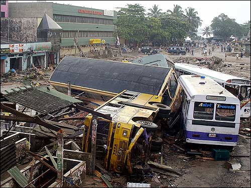 A view of the destroyed central bus terminal in Galle, some 125 km south of the Sri Lankan capital Colombo, after tsunamis lashed more than half of the coastline.