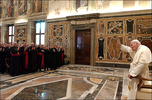 The pontiff acknowledged applause from priests in the Clementine Hall in Vatican City, as more than 400 American priests attended a meeting to discuss the sexual abuse scandal affecting North American Roman Catholic churches.