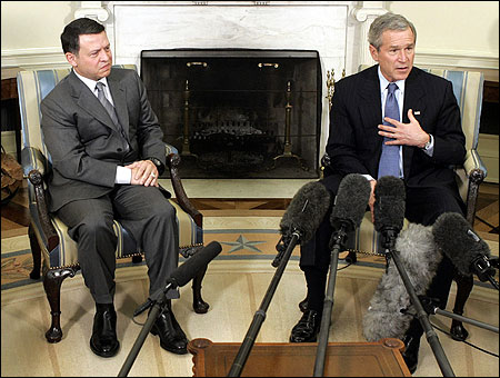 King Abdullah II of Jordan and President Bush spoke with reporters in the Oval Office yesterday.