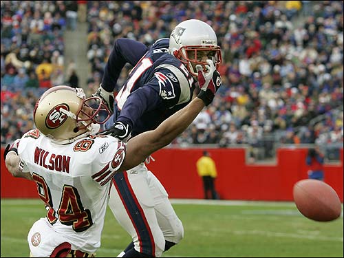 49ers wide receiver Cedrick Wilson (84) can't make the catch as Patriots cornerback Randall Gay defends during the second quarter.