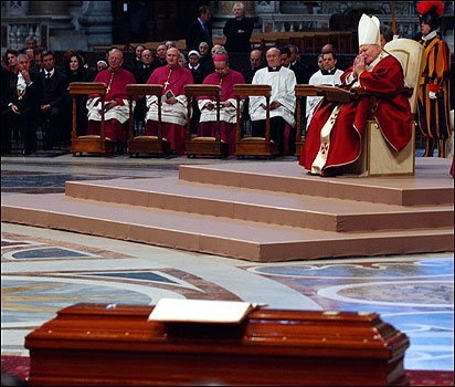 The pope prayed in front of the coffin of late Cardinal Jan Schotte during the funeral service in St. Peter's Basilica. Schotte, viewed as a possible candidate for the papacy, died at the age of 76 on Jan. 11, 2005. Schotte's death reduces the number of cardinals under the age of 80 and eligible to vote in a conclave to 120.