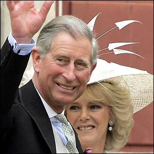 Britain's Prince Charles and his new bride Camilla leave the Guildhall after their civil wedding ceremony.