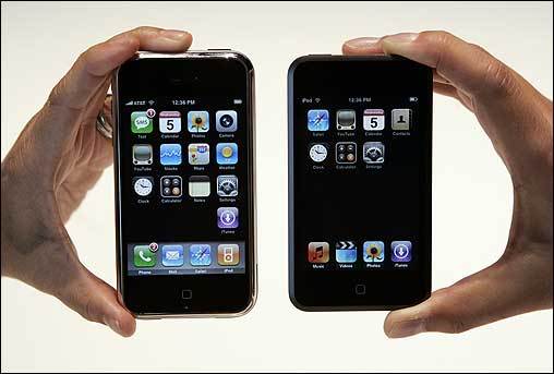 The new Apple iPhone, left, is shown in front of the new Apple iPod Touch, right.