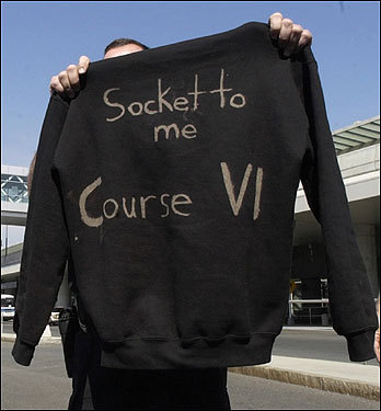 The back side of the sweatshirt worn by Simpson was shown at a news conference at Logan International Airport on Friday.
