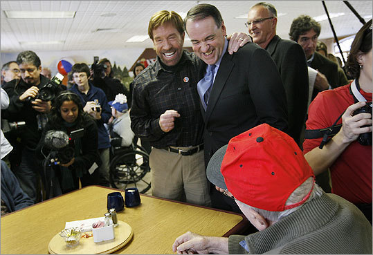 Chuck Norris with Mike Huckabee on the campaign trail. Norris’s wife, Gena O’Kelley, is in center photo.