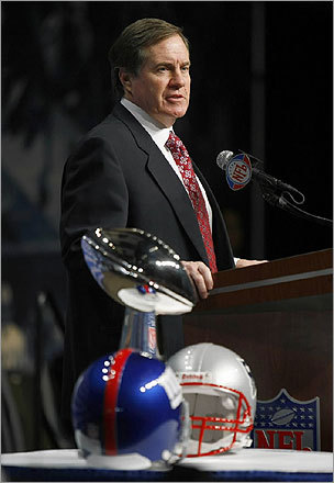 Patriots head coach Bill Belichick stood next to the Lombardi Trophy at the final press conference of Super Bowl XLII.