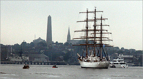 The 356-foot Libertad (right) arrived after months of pushing and shoving on funding issues between Mayor Thomas M. Menino and Sail Boston. Sail Boston’s plans were up in the air as organizers struggled to persuade Menino that they could raise money to support the city’s public safety costs.