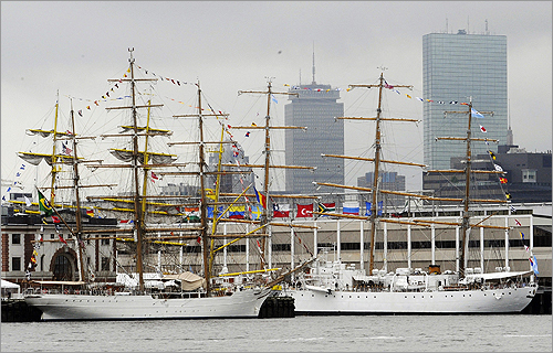 The public will have the chance to view about 40 Tall Ships and to climb aboard ships from piers in South Boston and Charlestown, the Coast Guard announced. Tall Ships Cisne Branco (left), of Brazil, and the Libertad were docked in Boston Harbor on July 7.