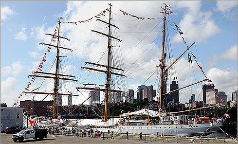 A line formed to board the Barque Eagle, a United States Coast Guard ship from New London, Conn., at Charlestown Navy Yard on July 9.