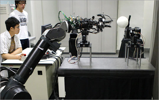 The batting robot, which has a sensor to determine if pitches are strikes or balls, hits balls in the strike zone almost 100 percent of the time, and doesn't swing at pitches outside the strike zone. Ishikawa is also working on getting the batting robot to be able to hit to all parts of the field.