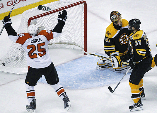 Matt Carle celebrated after Simon Gagne's power play goal broke a 3-3 tie in the third period.