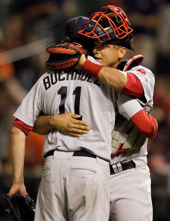 Victor Martinez hugged Clay Buchholz after Buccholz finished his shutout. Buchholz pitched a complete game and allowed only five hits.