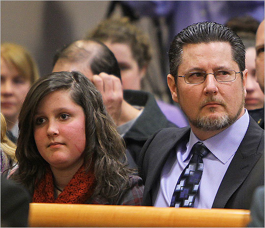 Jaimie Cates and her father, David Cates, sat in Hillsborough County Superior Court after the sentencing of Christopher Gribble, in Nashua, N.H. Gribble, who admitted he took part in a machete and knife attack on Jamie and her mother, was convicted of murder.