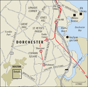A map of Dorchester, the largest neighborhood in Boston, which covers 6 square miles and is home to 92,000 residents.