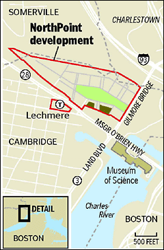 This graphic shows a map of the NorthPoint development area. Two different parties – Cambridge North Point LLC and the Boston and Maine Corp. – owned the NorthPoint project. Boston and Maine, a unit of Guilford Transportation Industries Inc., now known as Pan Am Railways Inc., owned 75 percent of the project. Cambridge North Point LLC, a group of nearly 100 investors, owned the other 25 percent.