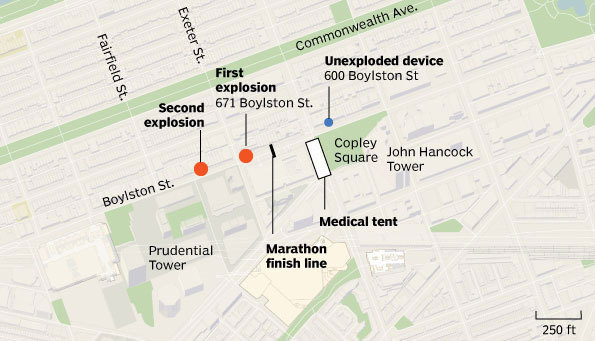 Boston Marathon Finish Line Map Map Of Reported Locations Of Explosions Near Marathon Finish Line - Boston .Com