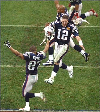 <b>Feb. 1, 2004</b><br><br>

Tom Brady celebrates with David Givens after Adam Vinatieri's game-winning field goal.