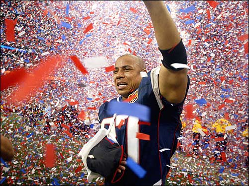 <b>Feb. 1, 2004</b><br><br>Rodney Harrison, his broken right arm in a sling, can't fight back his emotions in the triumphant aftermath, his tears falling like confetti.