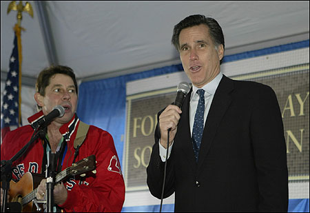 Governor Mitt Romney sang ‘‘Charlie on the MTA’’ with Bob Haworth of the Kingston Trio.