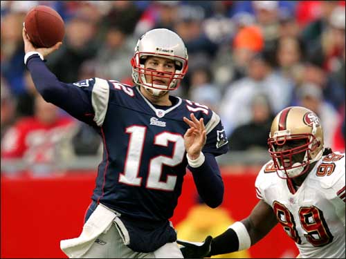 Tom Brady drops back for a pass in the third quarter. Brady finished the day 22-30 for 226 yards and two touchdowns. He didn't help his cause, however, with a fumble and an interception.