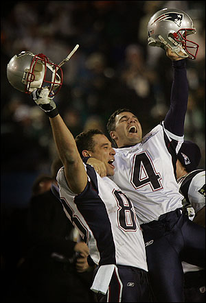 Patriots tight end Christian Fauria hoisted kicker Adam Vinatieri as the clock ran out on New Englands 24-21 victory last night.