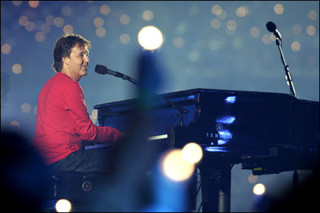 Singer Paul McCartney performs during the Super Bowl XXXIX halftime show at Alltel Stadium.