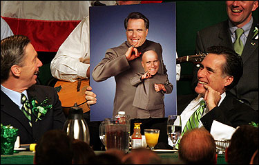 US Representative Stephen F. Lynch laughed with Governor Mitt Romney, whose face was substituted in a photo of characters from the ‘‘Austin Powers’’ movie during the annual St. Patrick’s Day political breakfast in South Boston.