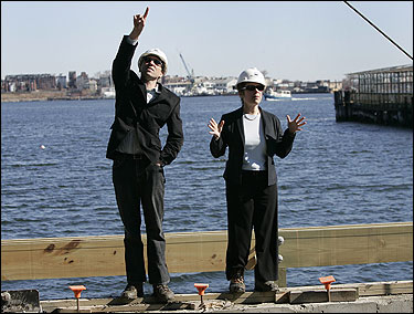 Paul Bessire (L) and Jill Medvedow viewed construction of the Institute of Contemporary Art’s new home on Fan Pier.
