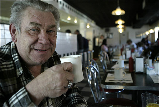 As much as South Boston's demographics have changed, its neighborly feel remains strong. Here, Stanley Saniuk of Quincy, who grew up in Southie, still likes to visit Mul's Diner.
