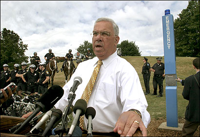 Mayor Thomas M. Menino at a demonstration of an emergency police call box yesterday at Ronan Park in Dorchester.