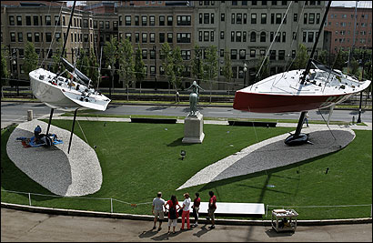 William I. Koch’s vessels America3 and Il Moro are displayed on the Museum of Fine Arts lawn.