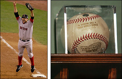 At left, the ball rested safely in Doug Mientkiewicz’s glove in 2004. The baseball (right) that is the subject of the Red Sox legal dispute, on display at Fenway Park in February.