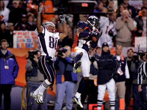 Cornerback Champ Bailey of the Denver Broncos intercepted a pass in front of wide receiver Troy Brown of the New England Patriots and returned it 100-yards before fumbling at the 1-yard yardline.