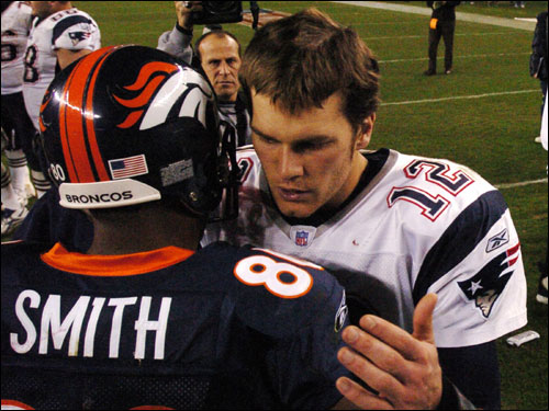 Brady congratulated Rod Smith after the game.
