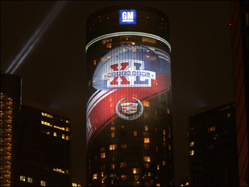 The Renaissance Center in downtown Detroit was seen at night wrapped in a vinyl Super Bowl XL sign. The sign covers 677 windows, is 21 stories tall and measures more than 24,700 square feet.