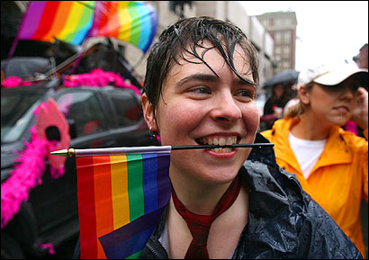 Angie Thibault of Boston prepared to ride her motor scooter down Boylston Street in the city’s annual gay pride parade.