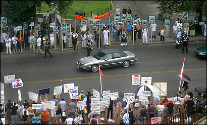 Supporters and opponents of same-sex marriage lined up on Beacon Street in front of the State House yesterday.