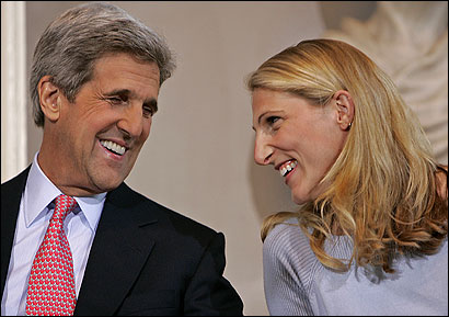 Senator John Kerry and his daughter Vanessa shared a moment of laughter in Faneuil Hall before he spoke about healthcare.
