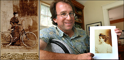 Peter Zheutlin of Needham displays a picture of Annie Cohen Kopchovsky (left), who became famous in 1894 for riding a bicycle around the world.
