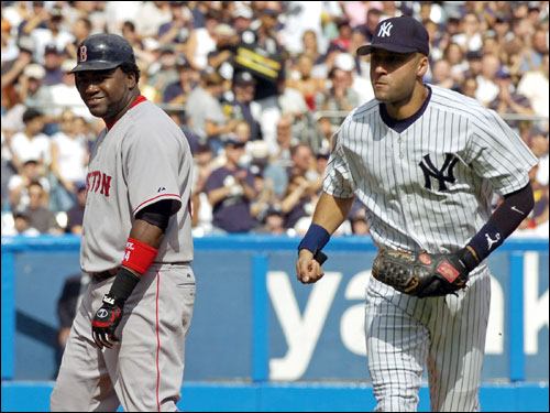 David Ortiz, left, smiled after Yankees shortstop Derek Jeter tapped him on the backside after the third out in the third inning.