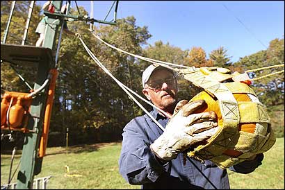 Bruce Blatchford of the Fibonacci Unlimited Two team loads a pumpkin in the sling on a catapult that will launch the pumpkin nearly 3,000 feet (see photo below). The team is training to defend its title and world record at the 2006 Punkin Chunkin Championship in Delaware next month.