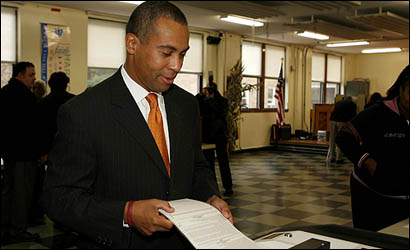 Democratic gubernatorial candidate Deval L. Patrick cast his vote at the St. Mary Of The Hills School in Milton.