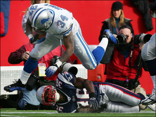 Detroit Lions running back Kevin Jones hurdled New England Patriots safety James Sanders during a 17-yard reception.