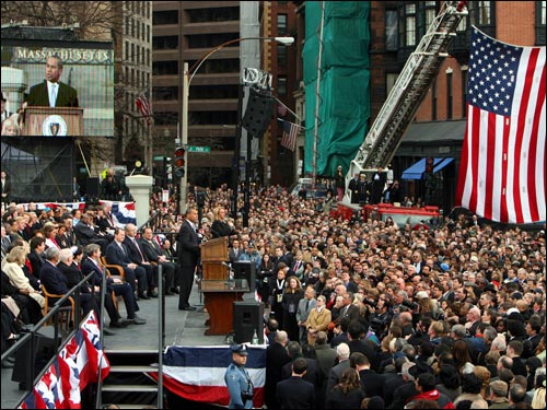 Deval Patrick delivered his address at his inauguration with an overflow crowd before him on Beacon Street.