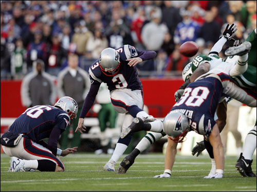 Stephen Gostkowski kicked a 40-yard field goal under pressure from the Jets. The score put the Patriots up 23-13 in the third quarter.
