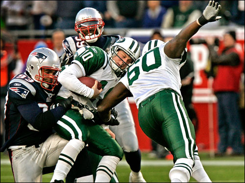 Richard Seymour sacked Jets QB Chad Pennington late in the game.