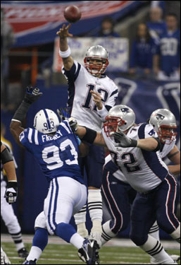 Tom Brady elevated on a pass early in the first quarter.