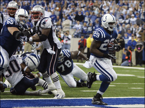 Colts rookie running back Joseph Addai walked into the end zone with a minute left in the game and gave the Colts a 38-34 lead.