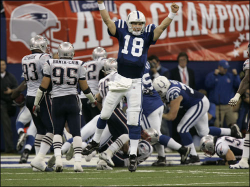 Peytong Manning jumped for joy after the Colts took the lead late in the game.